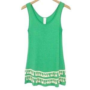 Green Mango Tassel Trim Tank Top Size L Scoop Neck Long Length Made In USA
